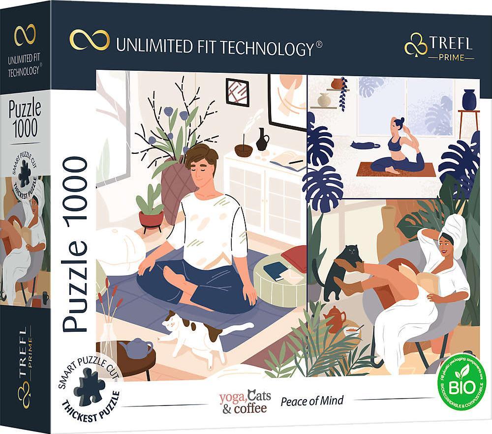 Trefl Puzzle 1000 Peace of Mind Unlimited Fit Tehnologie, yoga, cafea și pisici intitulate