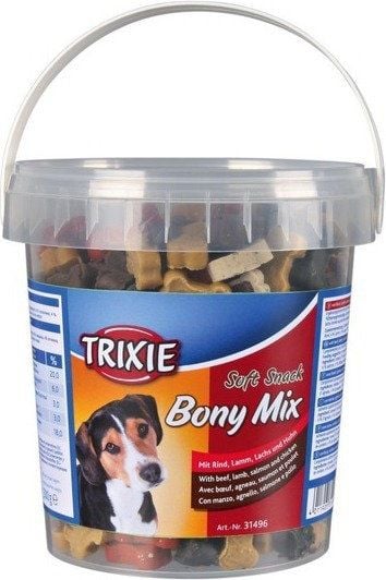 Recompensa Trixie Soft Snack Bony Mix cu miel, somon, si pui 500 g, in galeata 31496