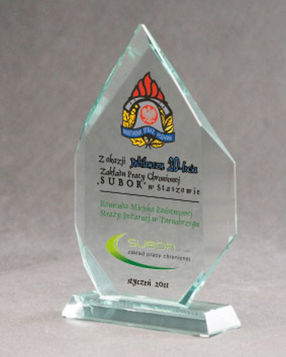 trofeu de sticlă cu carcasă de imprimare și LuxorJet de culoare
