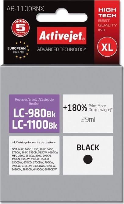 Cerneală Activejet Cerneală Activejet AB-1100BNX (înlocuit Brother LC1100BK/980BK; Supreme; 29 ml; negru)