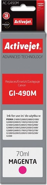 Cerneală Activejet Cerneală Activejet AC-G490M (înlocuire Canon GI-490M; Supreme; 70 ml; roșu)