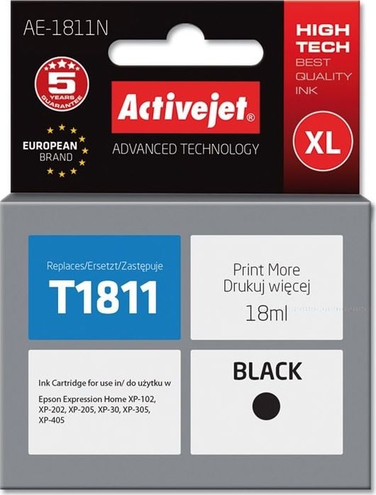 Cerneală Activejet Cerneală Activejet Activejet AE-1811N (înlocuire Epson 18XL T1811; Supreme; 18 ml; negru)