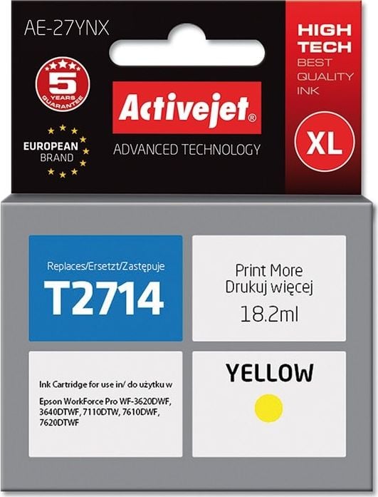 Cerneală Activejet Cerneală Activejet Activejet AE-27YNX (înlocuire Epson 27XL T2714; Supreme; 18 ml; galben)