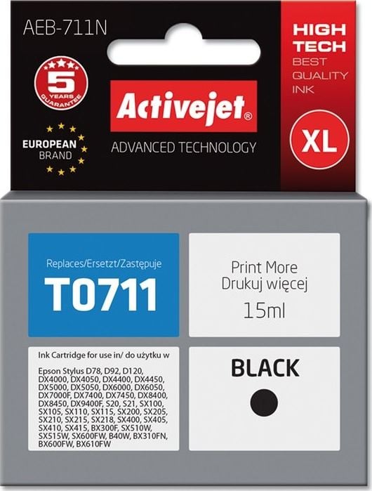 Cerneală Activejet Cerneală Activejet Activejet AEB-711N (înlocuire Epson T0711, T0891, T1001; Supreme; 15 ml; negru)