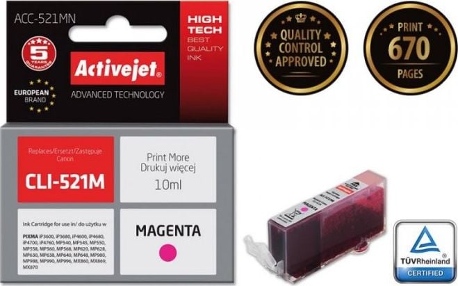 Cerneală Activejet Cerneală Activejet ACC-521MN (de înlocuire Canon CLI-521M; Supreme; 10 ml; roșu)