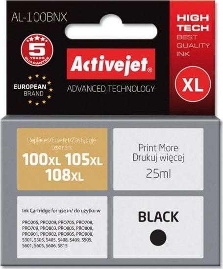 Cerneală Activejet Cerneală Activejet AL-100BNX (înlocuire Lexmark 100XL/105XL/108XL 14N1068E Supreme 25ml negru)
