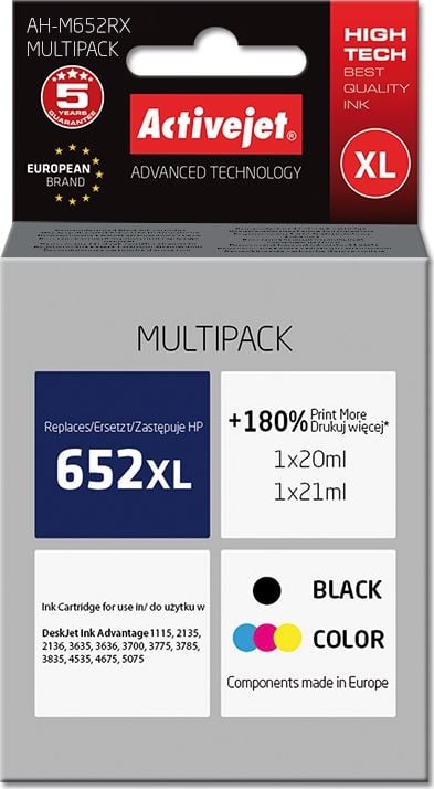 Kit cartuse compatibile HP 652 XL, Activejet, black 20ml, tricolor 21ml
