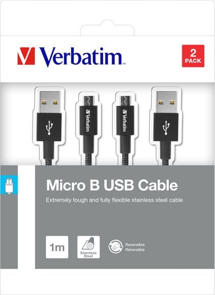 Un USB Micro USB reversible- M M reversibil, 1m, negru, Verbatim, Box, 48874, 2 buc, 2x100cm