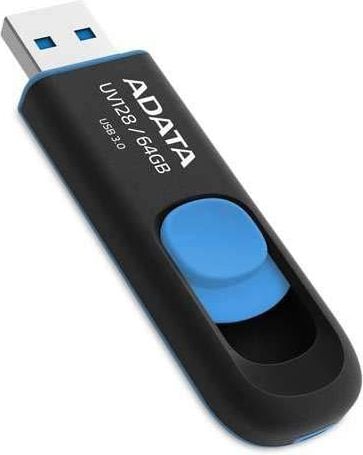 Memorii USB - Unitate flash Adata UV128 64GB USB3, fara capac, retractabil, negru si albastru