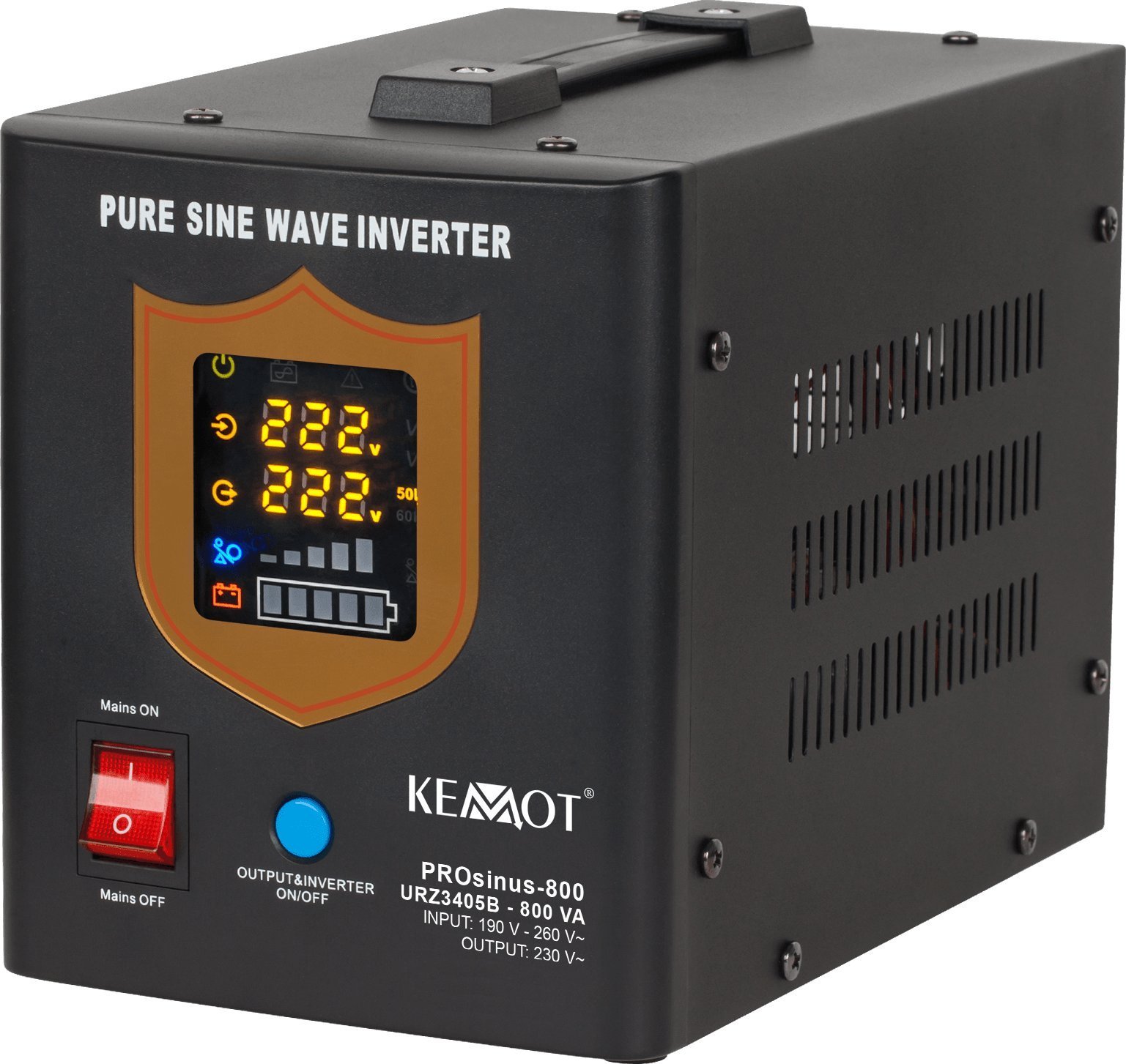 UPS Kemot Convertor sursă de alimentare neîntreruptibilă KEMOT PROsinus-800 cu undă sinusoidală pură și funcție de încărcare 12V 230V 800VA/500W - negru