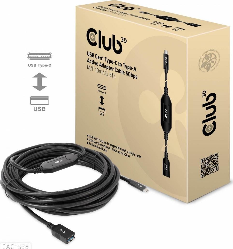 USB Club 3D Cablu USB-A - USB-C 10 m negru (CAC-1538)