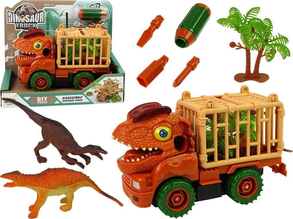 Vehicul demontabil de transport dinozauri, in forma de dinozaur, cu surubelnita si accesorii, 10421
