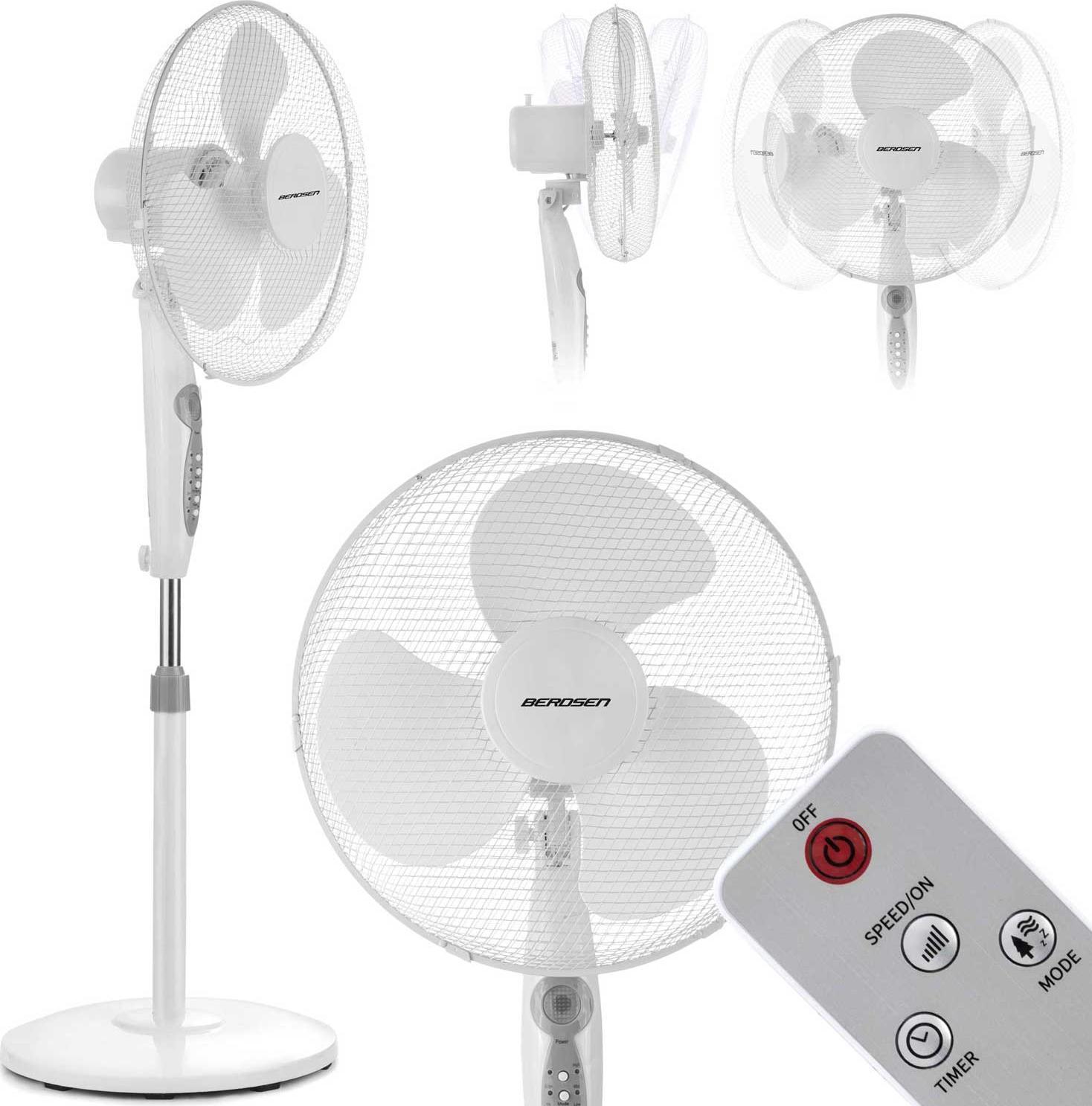 Ventilator cu picior Berdsen, 45W, 40 cm diametru, Telecomanda, Timer, alb