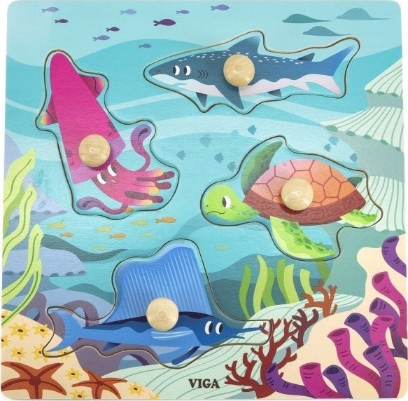 Viga Toys Puzzle din lemn VIGA cu ace Animale acvatice marine