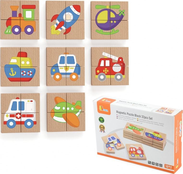 Puzzle magnetic, Viga Toys, 32 piese, Lemn, Multicolor
