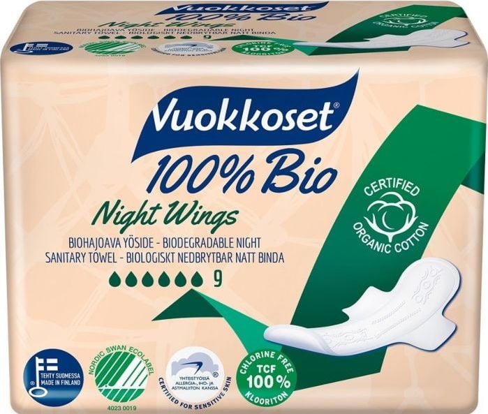 Vuokkoset, 100% BIO, tampoane igienice cu aripi pentru noapte, 9units.