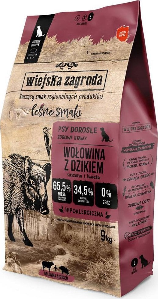 Wiejska Zagroda Hrană uscată pentru câini Arome de pădure Carne de vită cu mistreț (adult) crocantă L 9kg