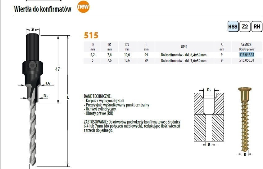 Drill 515.042.31 Drill de confirmare. 6,4x50 mm