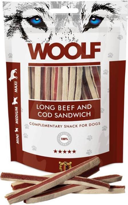 WOOLF Woolf Przysmak Pies Long Beef&amp;Cod Sandwich - Carne de vită cu fâșii de cod, 100g