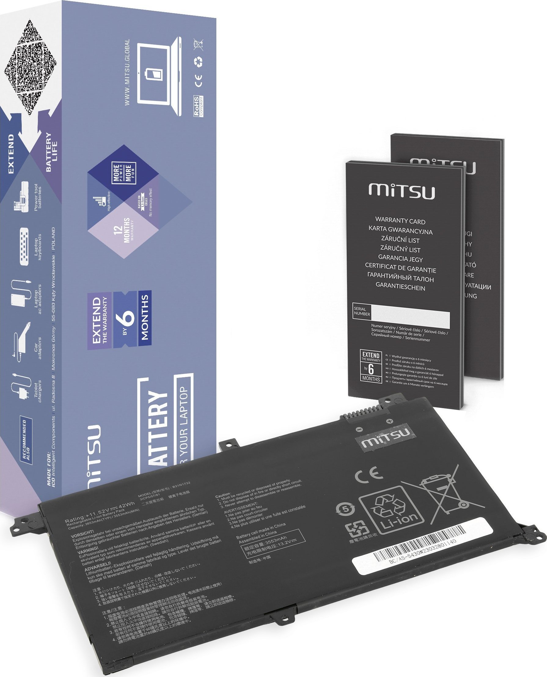 Zasilacz do laptopa Mitsu Bateria B31N1732 do Asus Vivobook S430 X430U K430