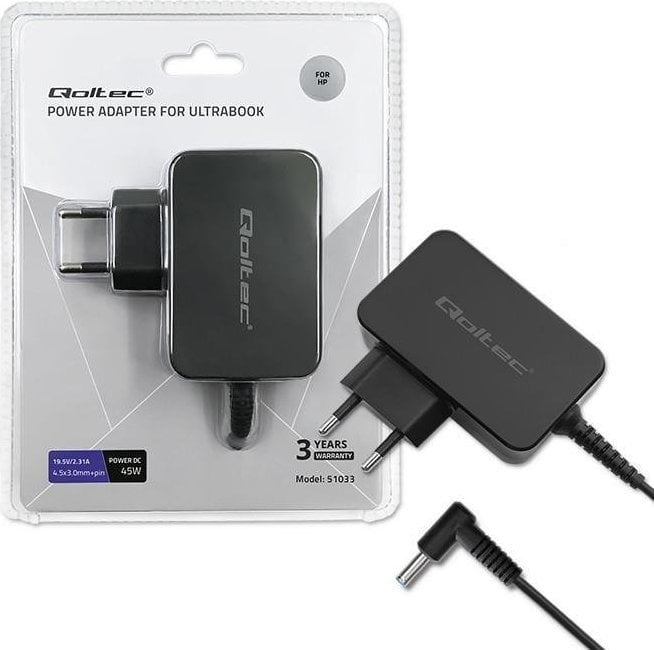 Adaptor de alimentare pentru laptop Qoltec Adaptor de alimentare pentru ultrabook HP 45W | 19,5 V | 2.31A | 4.5x3.0+pin