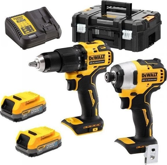 Pachet combinat de baterii Dewalt DeWALT POWERSTACK DCK2062E2T, 18 volți, cu cheie de impact, burghiu cu impact (galben/negru, 2x baterie POWERSTACK Li-Ion 1,7 Ah, în T STAK Box II)