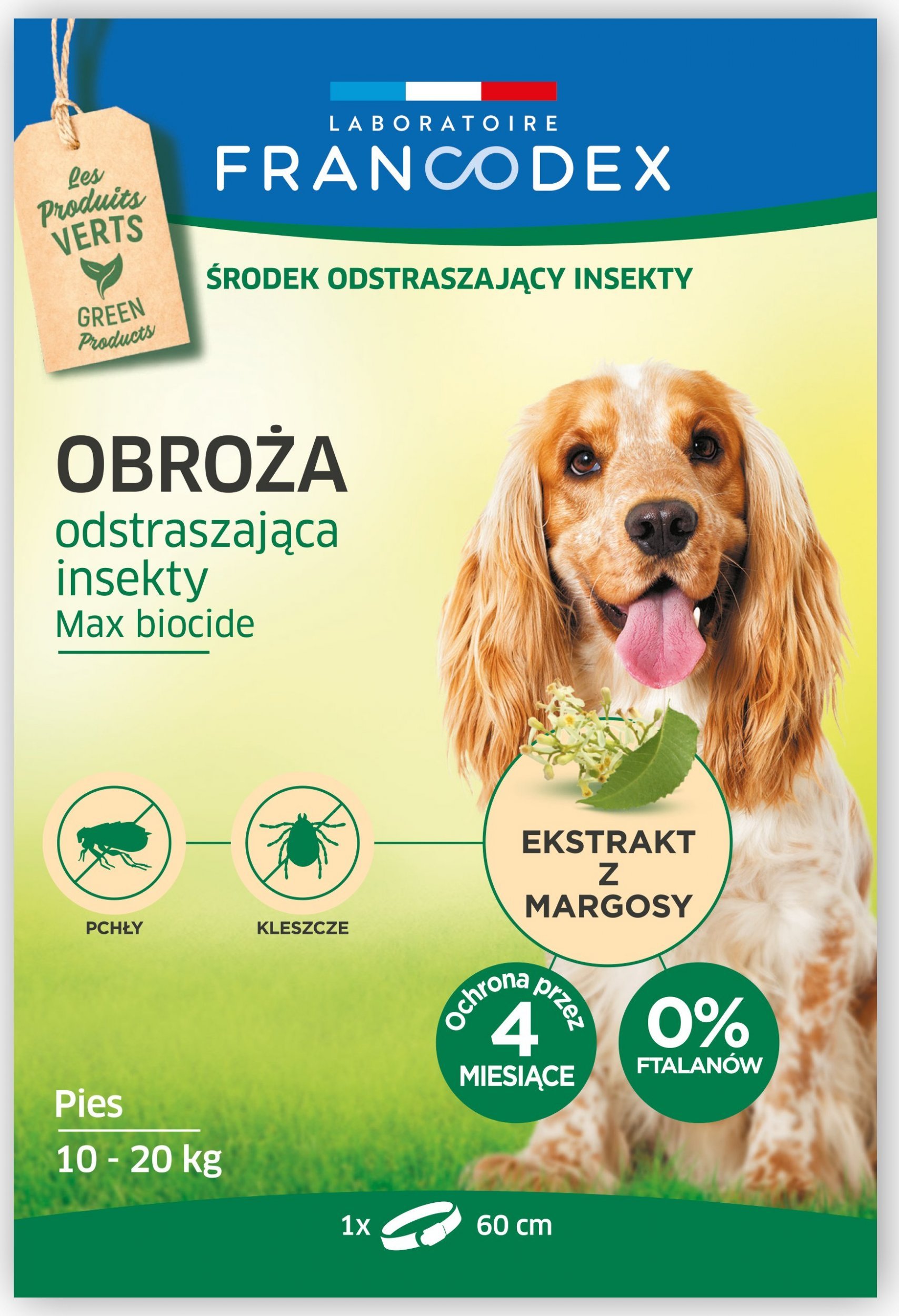 Zgarda Francodex FRANCODEX pentru câini medii de la 10 kg la 20 kg insecticide - 4 luni de protecție, 60 cm