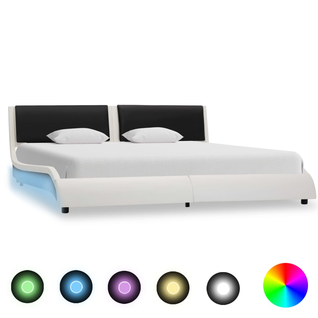 Cadru de pat cu LED, alb și negru, 160x200 cm, piele ecologică