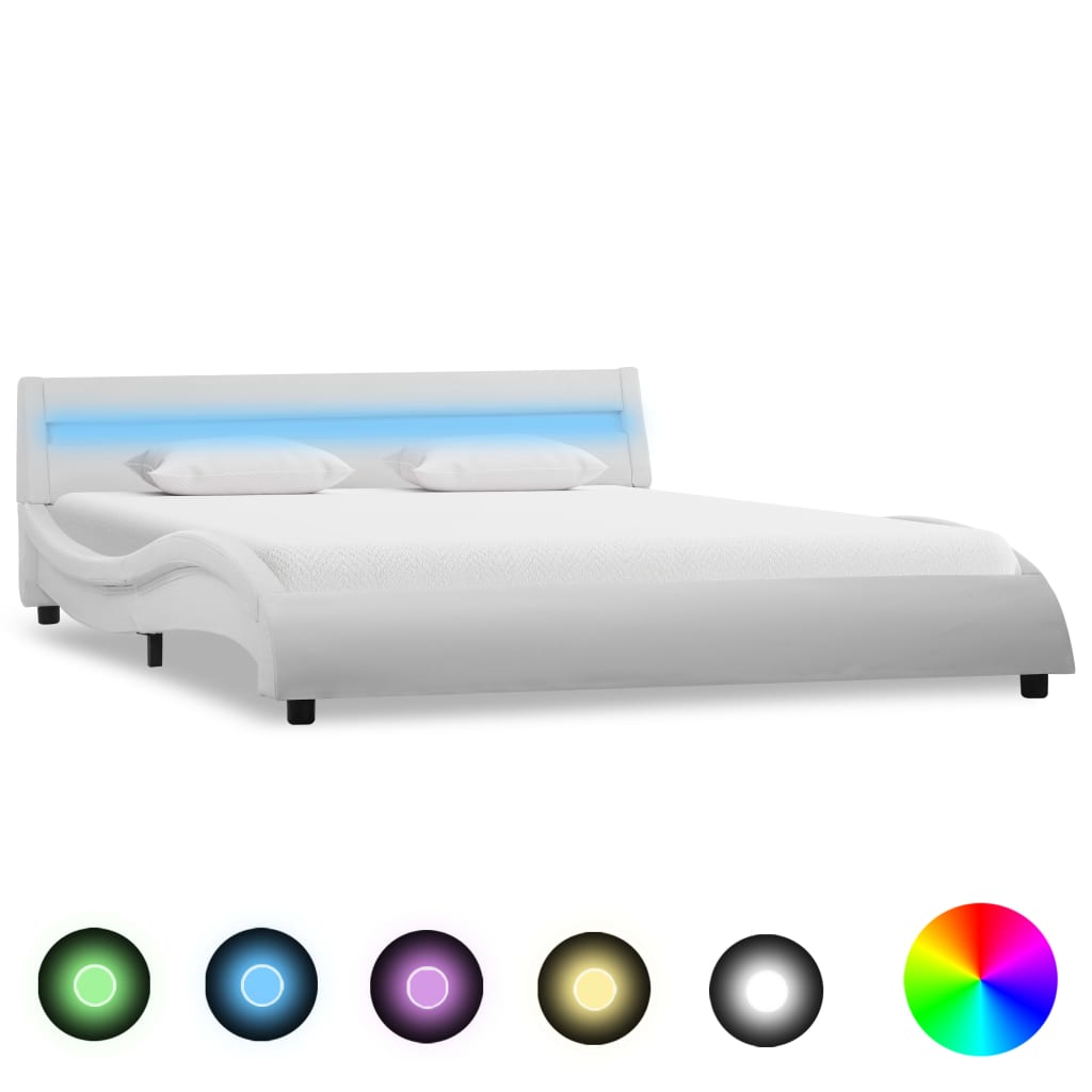 Cadru de pat cu LED, alb, 140 x 200 cm, piele ecologică