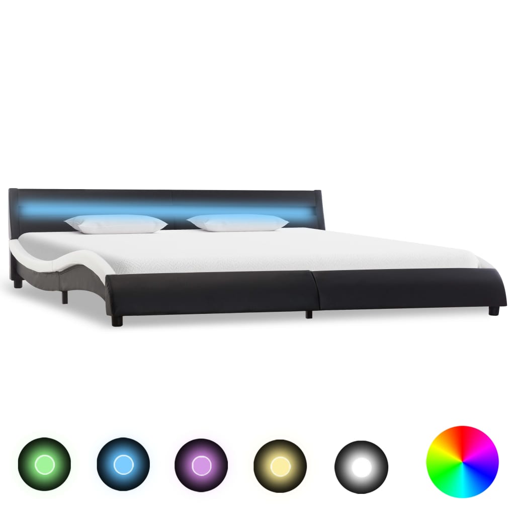 Cadru pat cu LED, negru și alb, 180 x 200 cm, piele ecologică