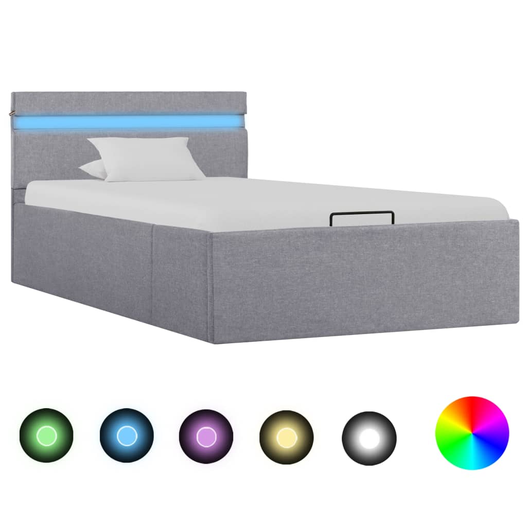 Cadru pat hidraulic ladă&amp;LED gri deschis 100x200 cm textil