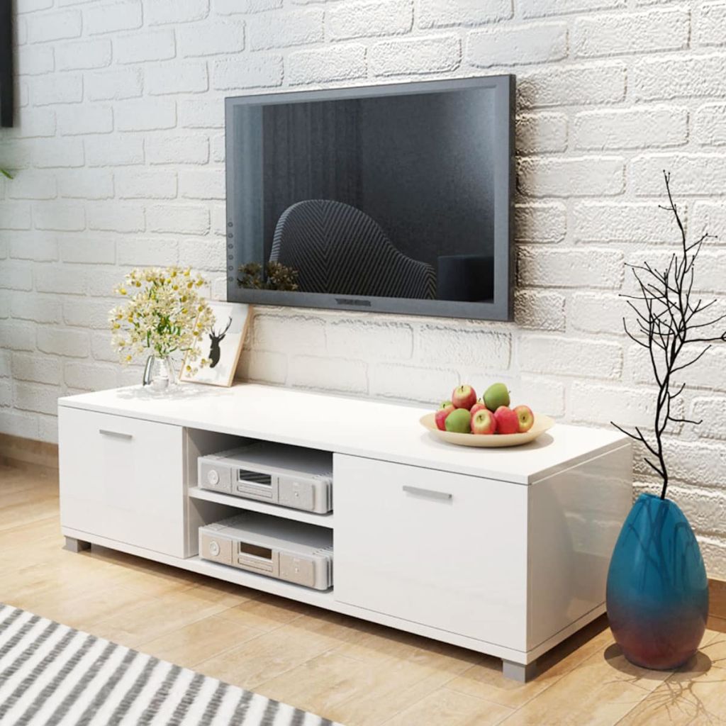 Comodă TV, alb extralucios, 140 x 40,3 x 34,7 cm