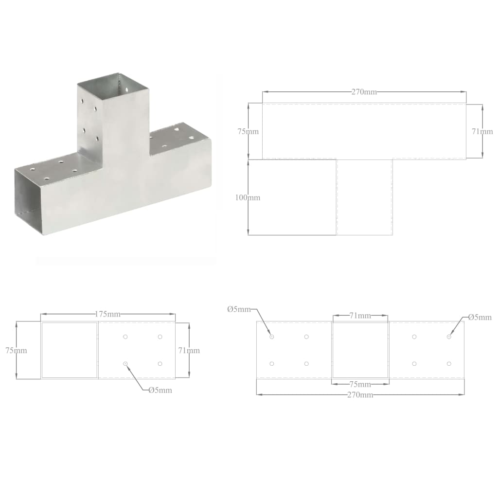 Conectori de grindă, formă T, 4 buc, 71x71 mm, metal galvanizat, [8],https:mobideco.ro