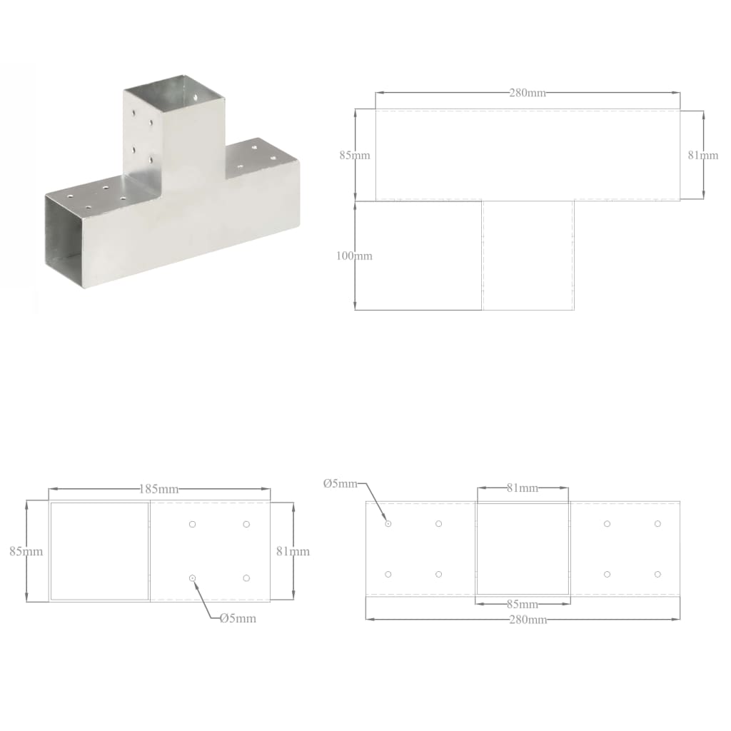 Conectori de grindă, formă T, 4 buc, 81x81 mm, metal galvanizat, [8],https:mobideco.ro