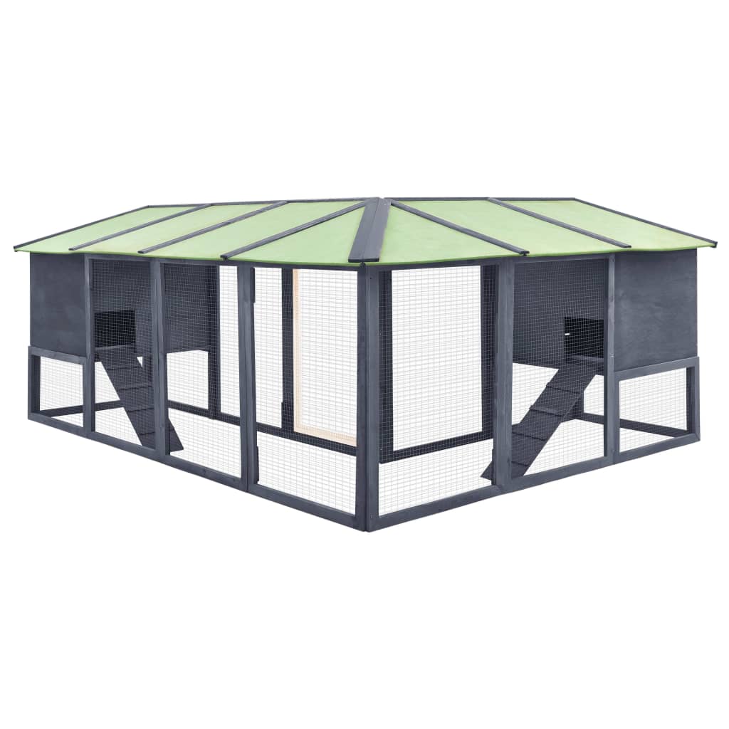 Cușcă iepuri exterior, spațiu de joacă, gri/alb, lemn de brad, [5],https:mobideco.ro