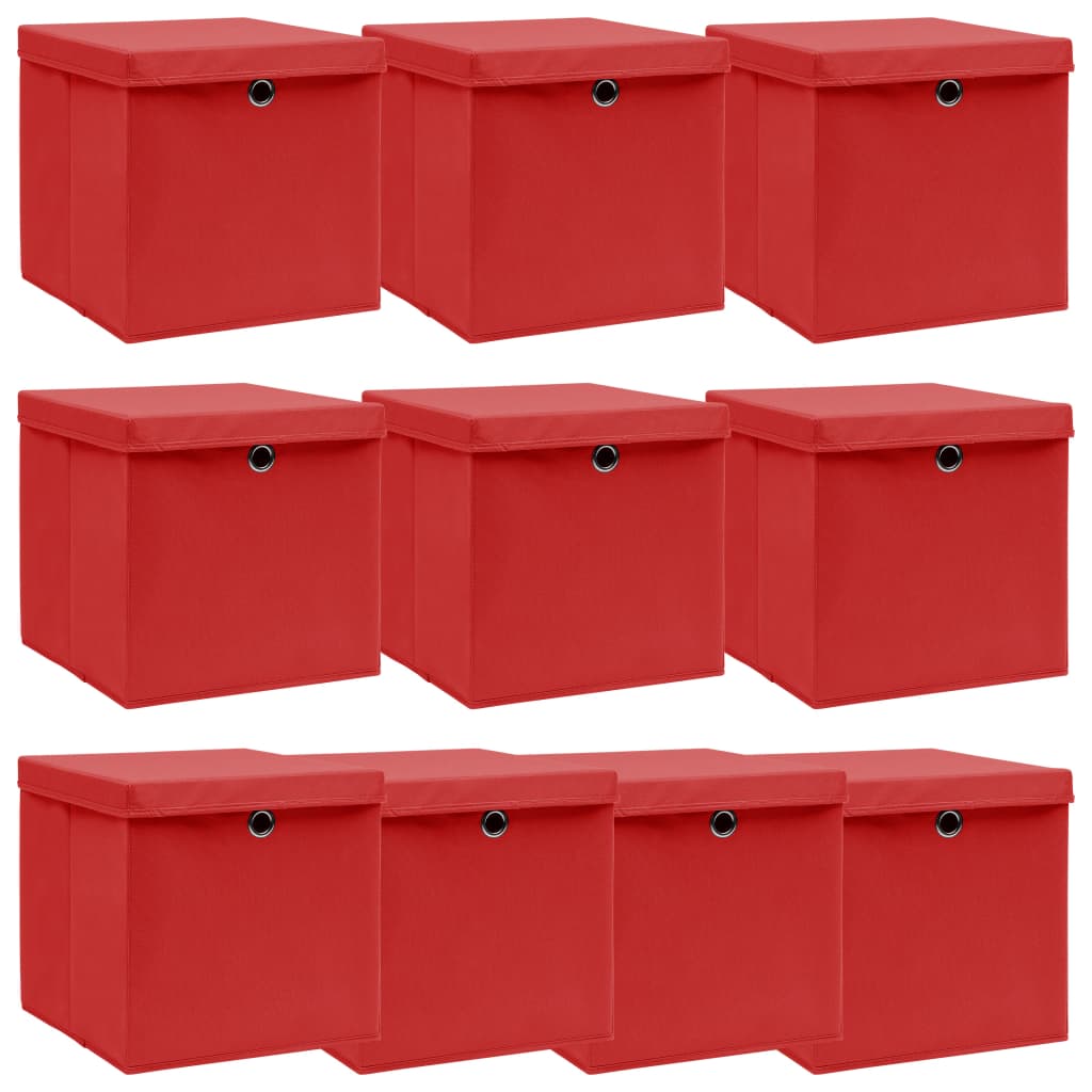 Cutii depozitare cu capace, 10 buc., roșu, 32x32x32 cm, textil
