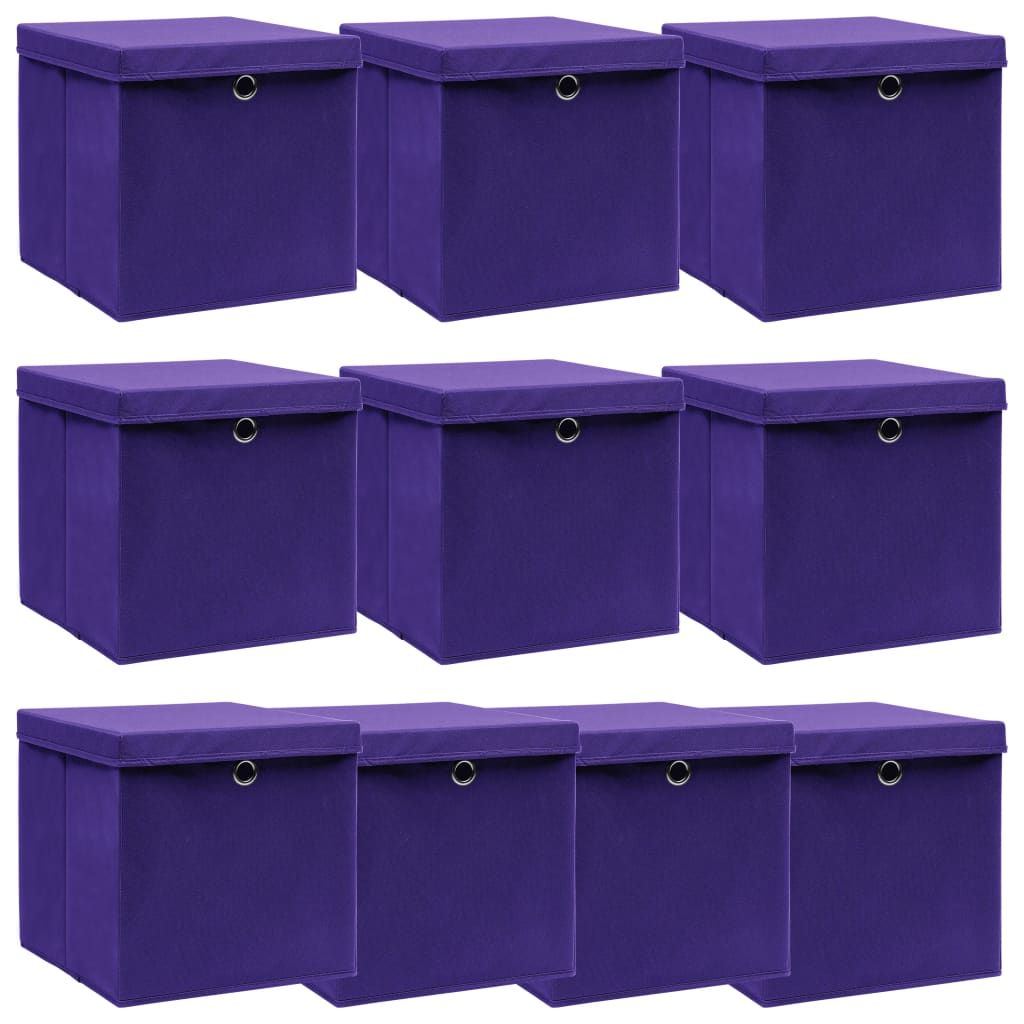 Cutii depozitare cu capace, 10 buc., violet, 32x32x32cm, textil