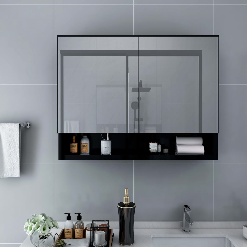 Dulap de baie cu oglindă și LED-uri, negru 80 x 15 x 60 cm MDF