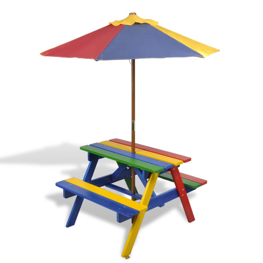 Masă de picnic pentru copii cu bănci &amp; umbrelă, lemn multicolor