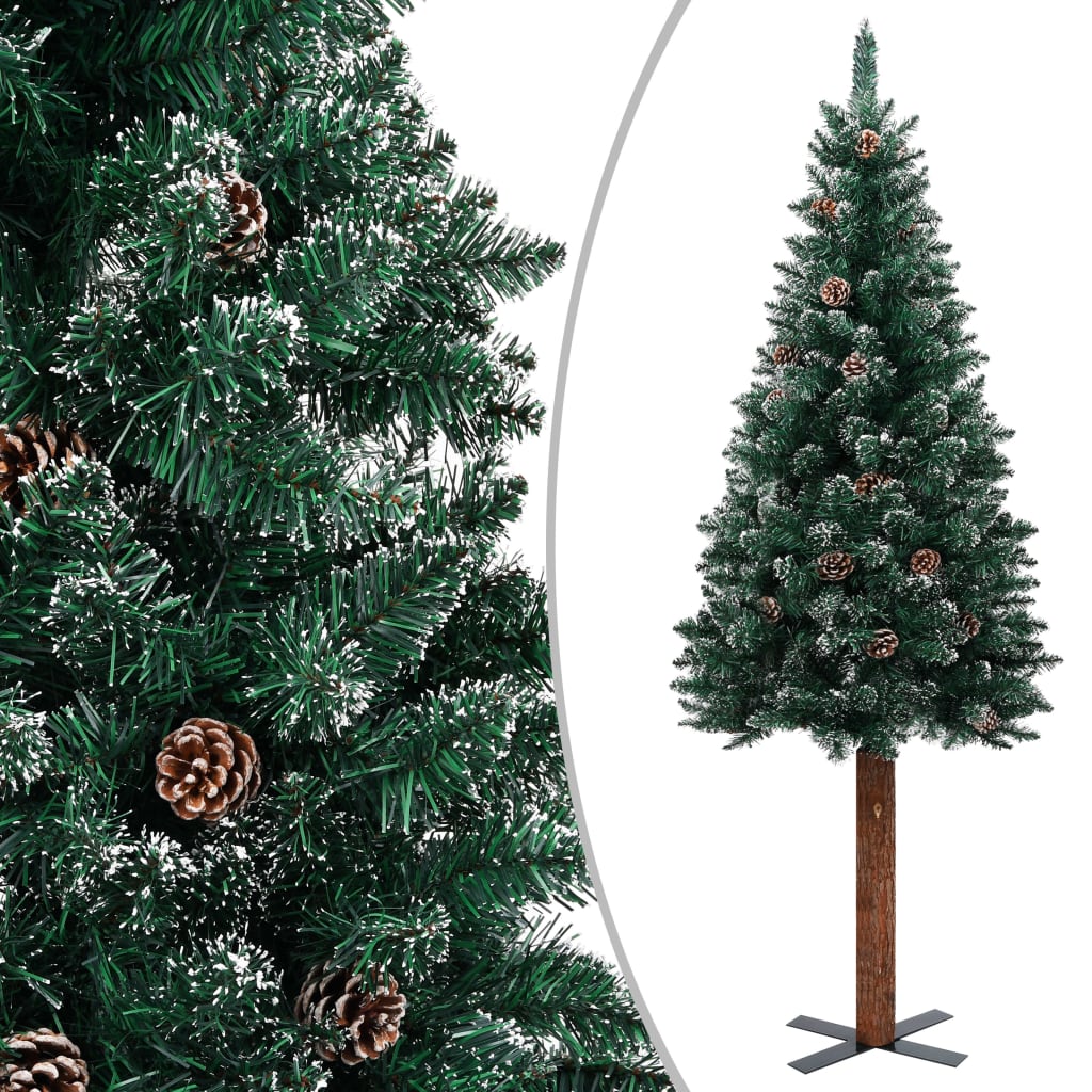 Pom Crăciun artificial subțire, lemn și zăpadă, verde, 180 cm