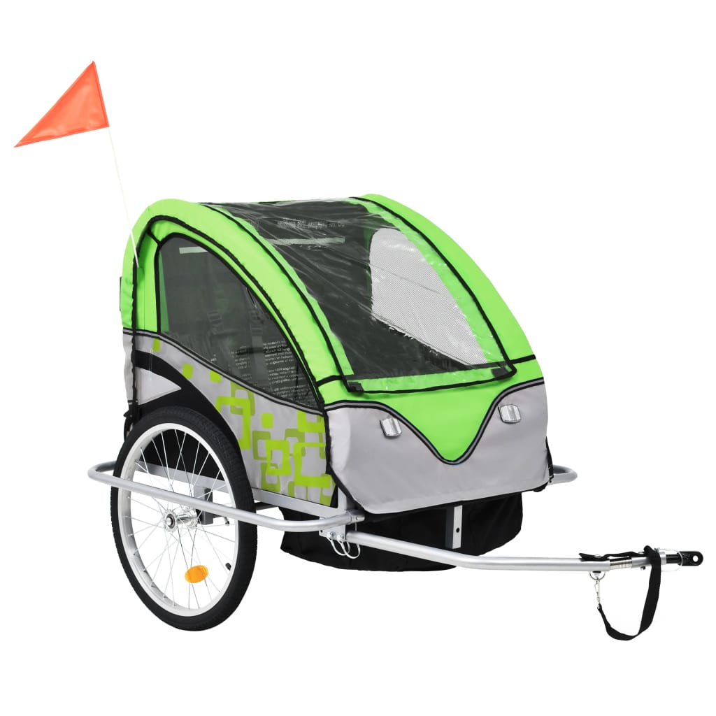 Remorcă de bicicletă &amp; Cărucior copii 2-in-1, verde și gri