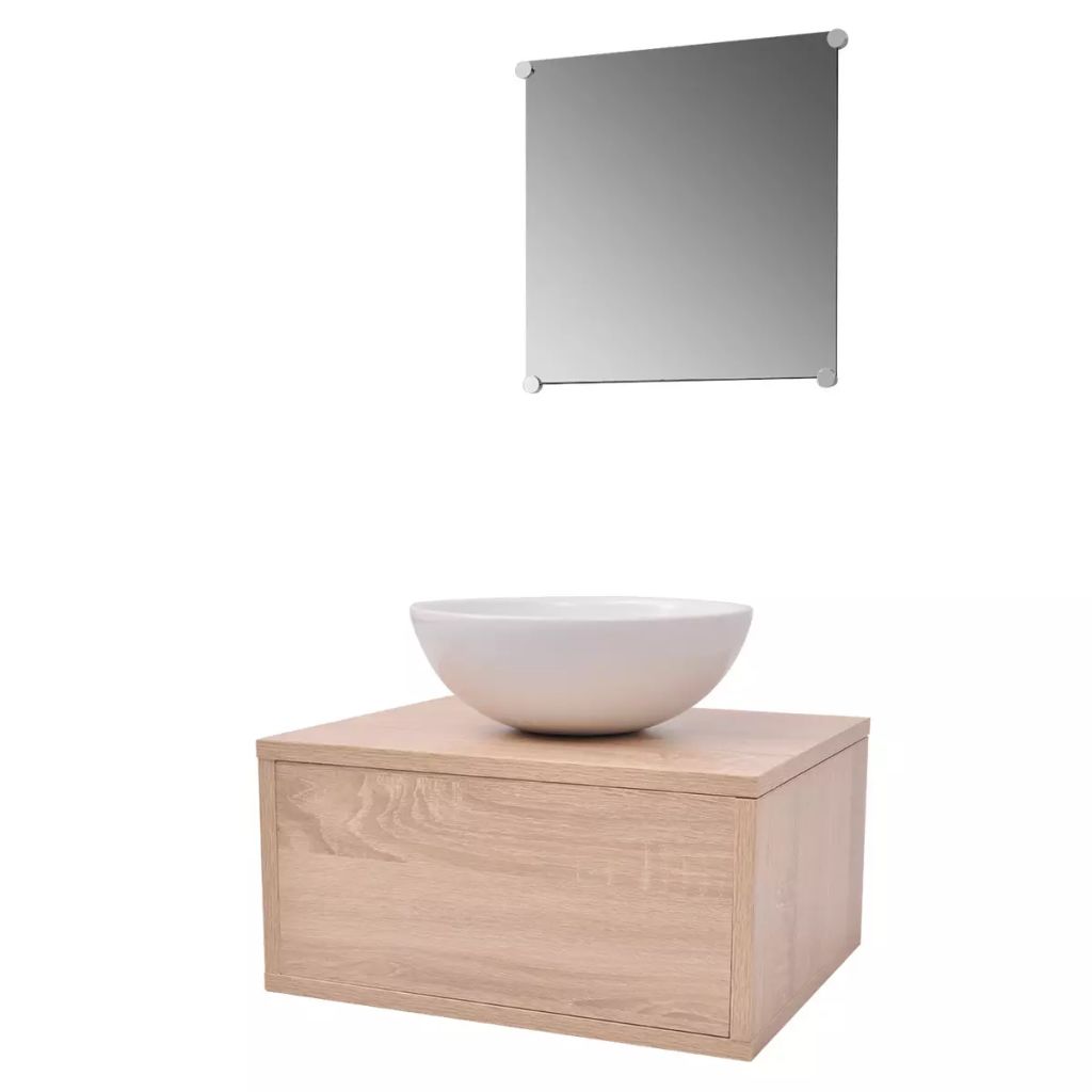 Set mobilier baie format din 3 piese cu chiuvetă inclusă, Bej, [2],https:mobideco.ro