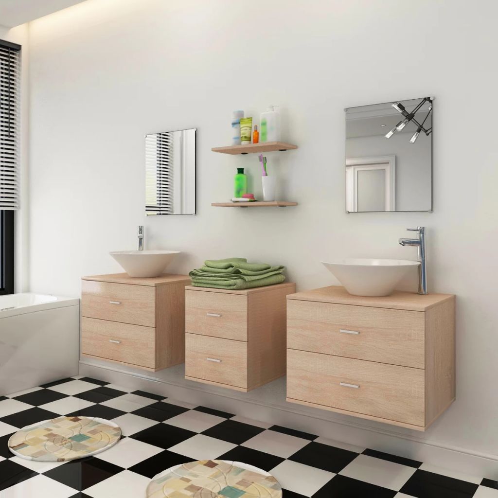 Set mobilier baie format din 7 piese cu chiuvete incluse, Bej, [3],https:mobideco.ro