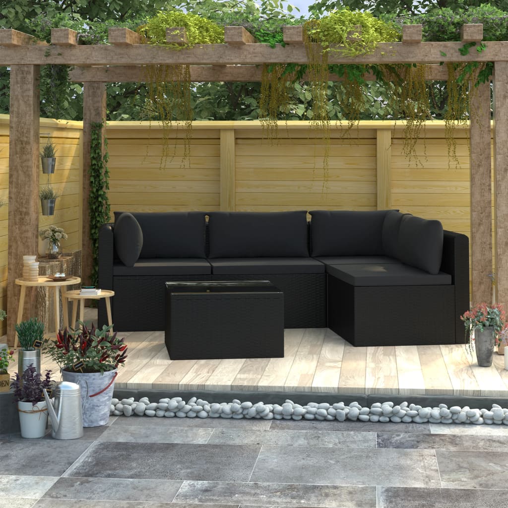Set mobilier de grădină cu perne, 5 piese, negru, poliratan