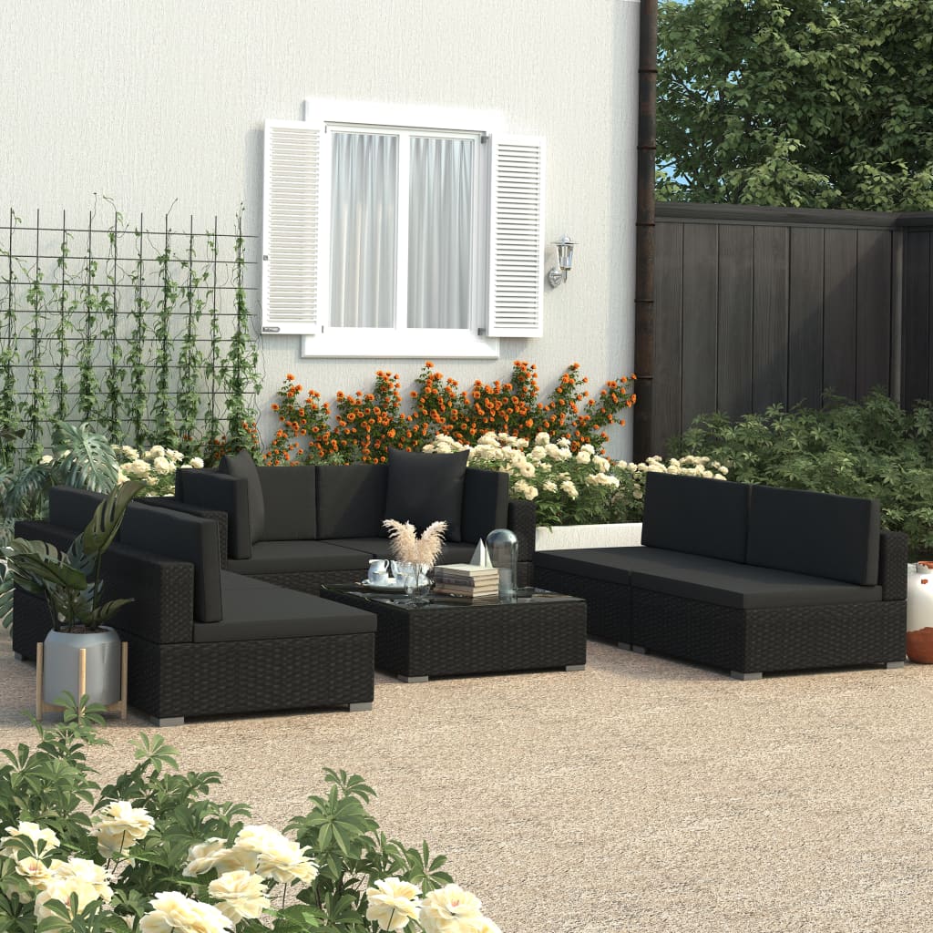 Set mobilier de grădină cu perne, 7 piese, negru, poliratan