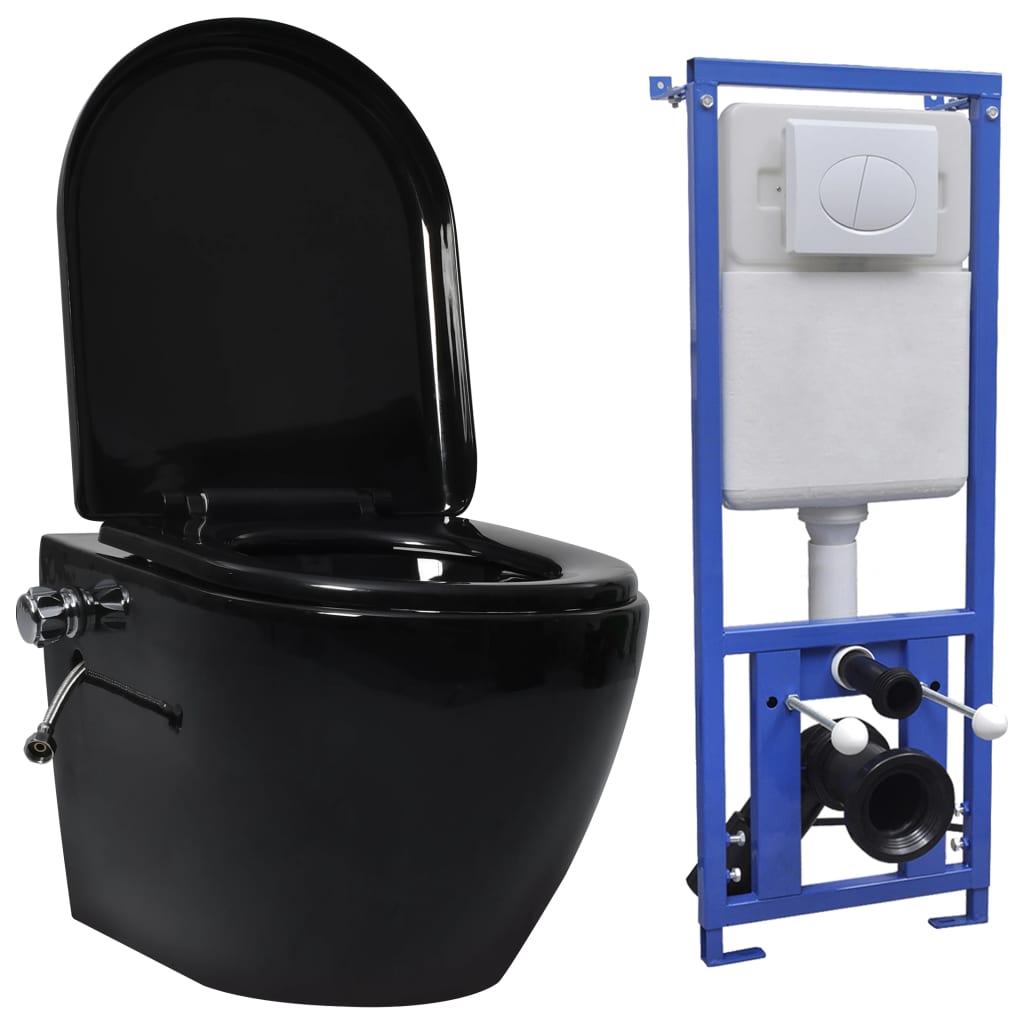 Vas de toaletă suspendat cu rezervor incastrat, negru, ceramică