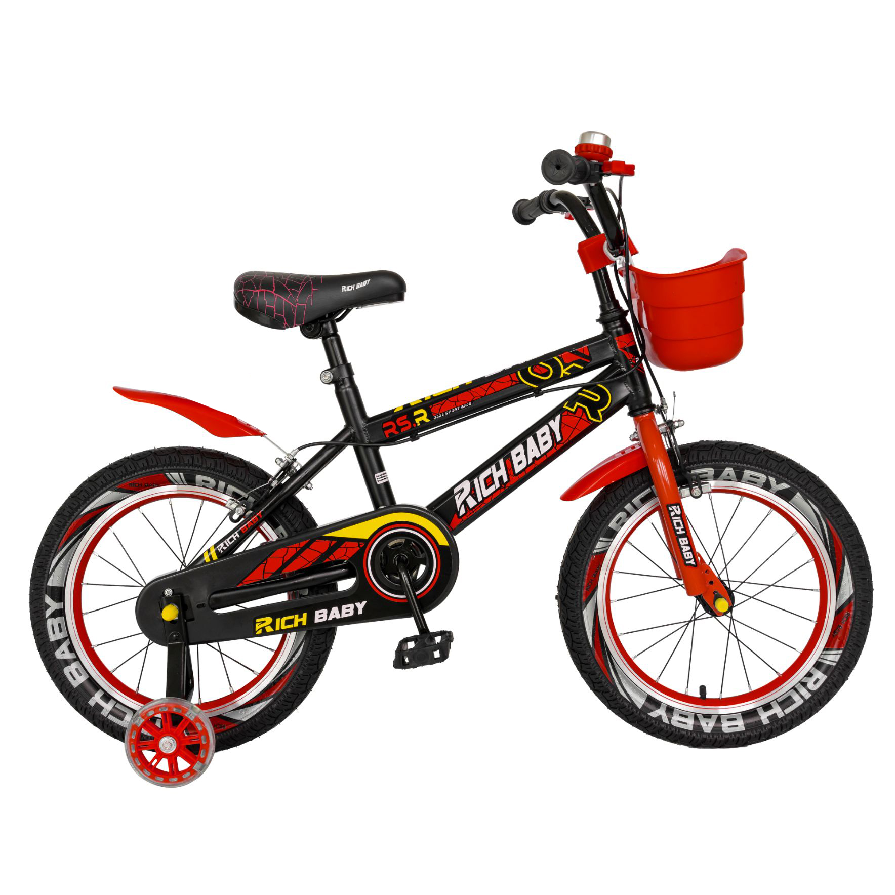 RICH BABY Bicicleta baieti 4-6 ani, roti 16 inch, frane c-brake, roti ajutatoare, cosulet, rich baby r16wtb, cadru negru cu rosu