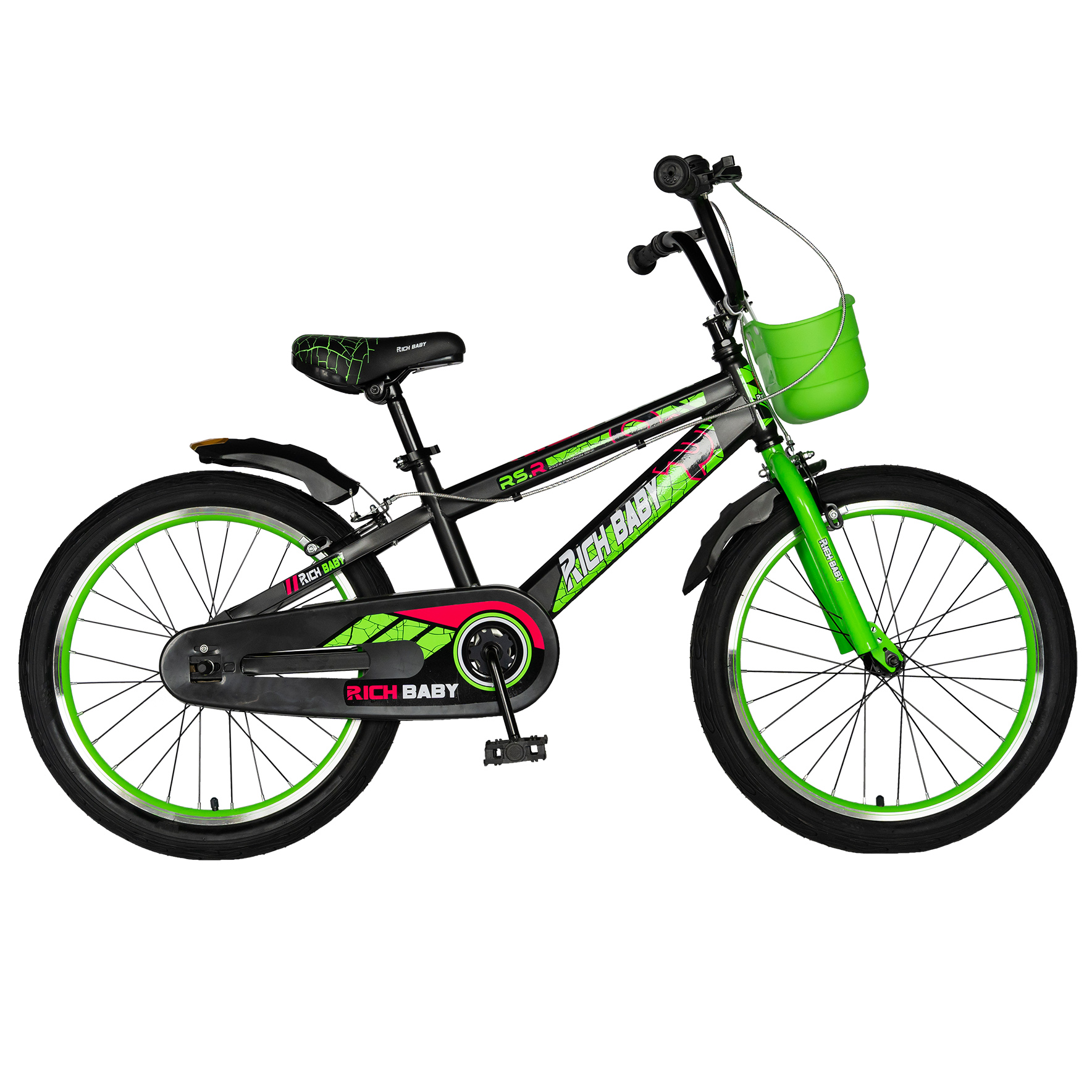 RICH BABY Bicicleta baieti 7-10 ani, roti 20 inch, frane c-brake, rich baby r20wtb, cadru negru cu design verde