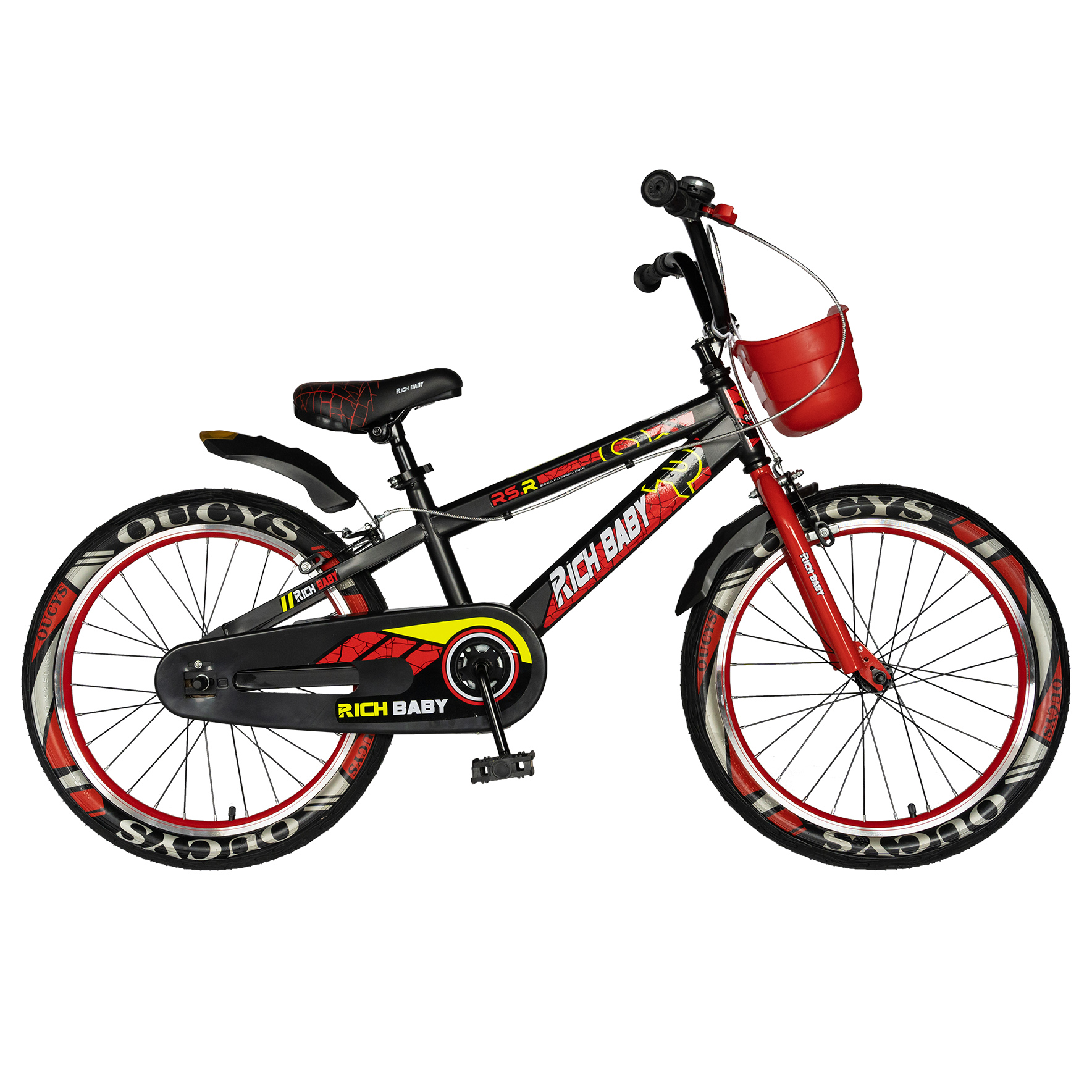 RICH BABY Bicicleta baieti 7-10 ani, roti 20 inch, frane c-brake, rich baby r20wtb, cadru negru cu design rosu