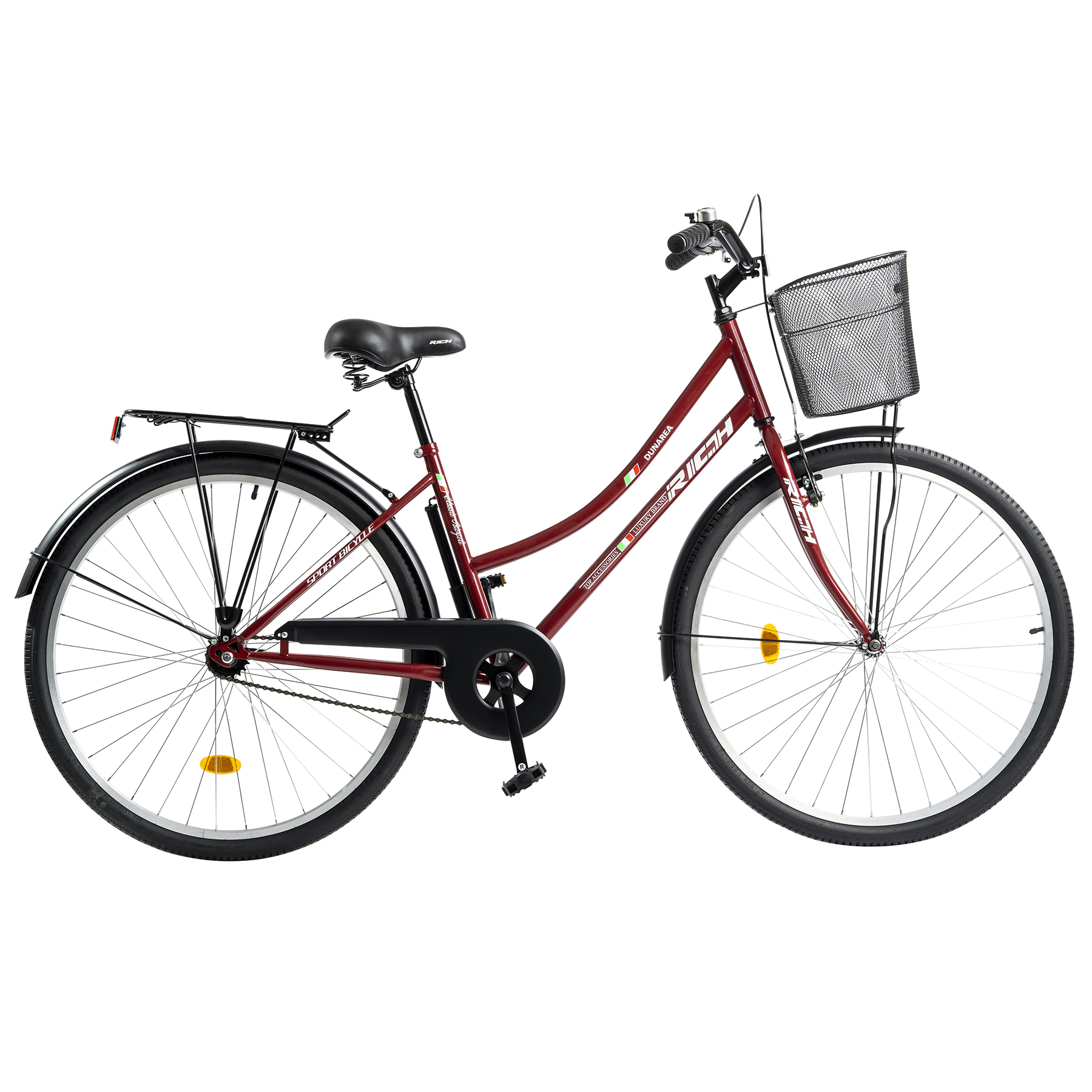 Rich Bicicleta city, roti 28 inch, frana v-brake, portbagaj, aparatori aluminiu, pompa, rich dunarea r2892a, cadru visiniu cu alb